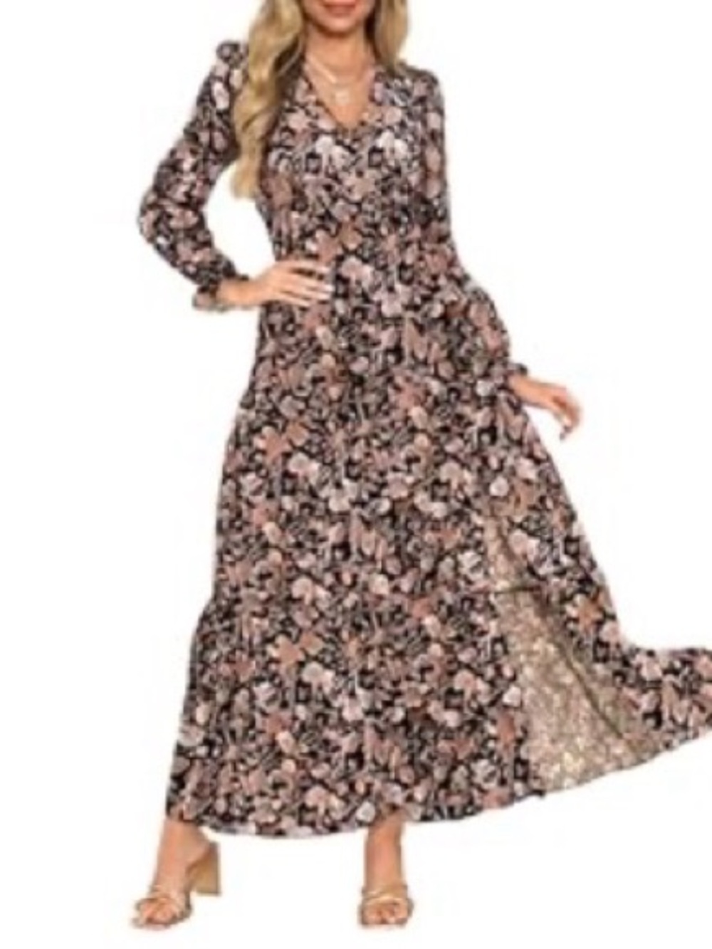 Floral V-Neck Long Sleeve Maxi Dress - Pink/Black
